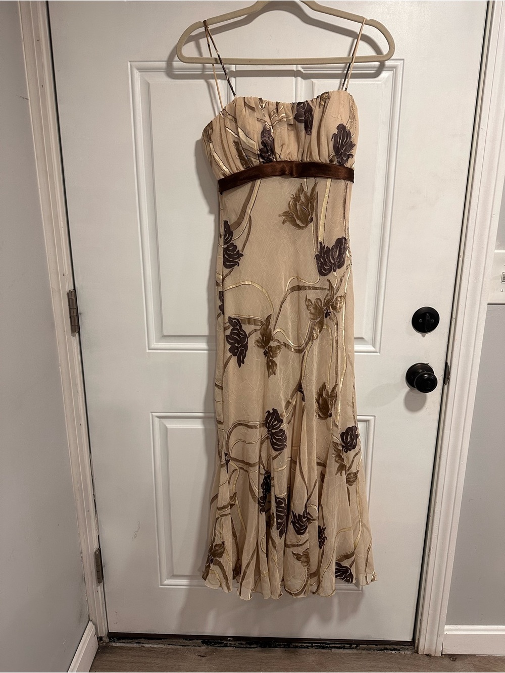 Beige Floral Strap Maxi Dress with Brown Accents